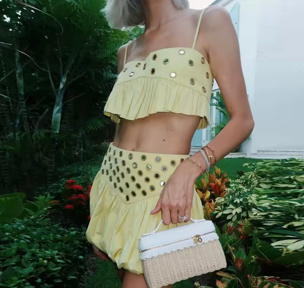 Hollow Out Crop Tank Pleated Skirt Set
