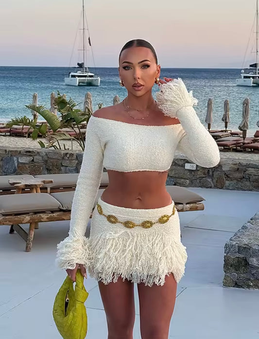 Elegant Tassel Knitted Skirt Set Women