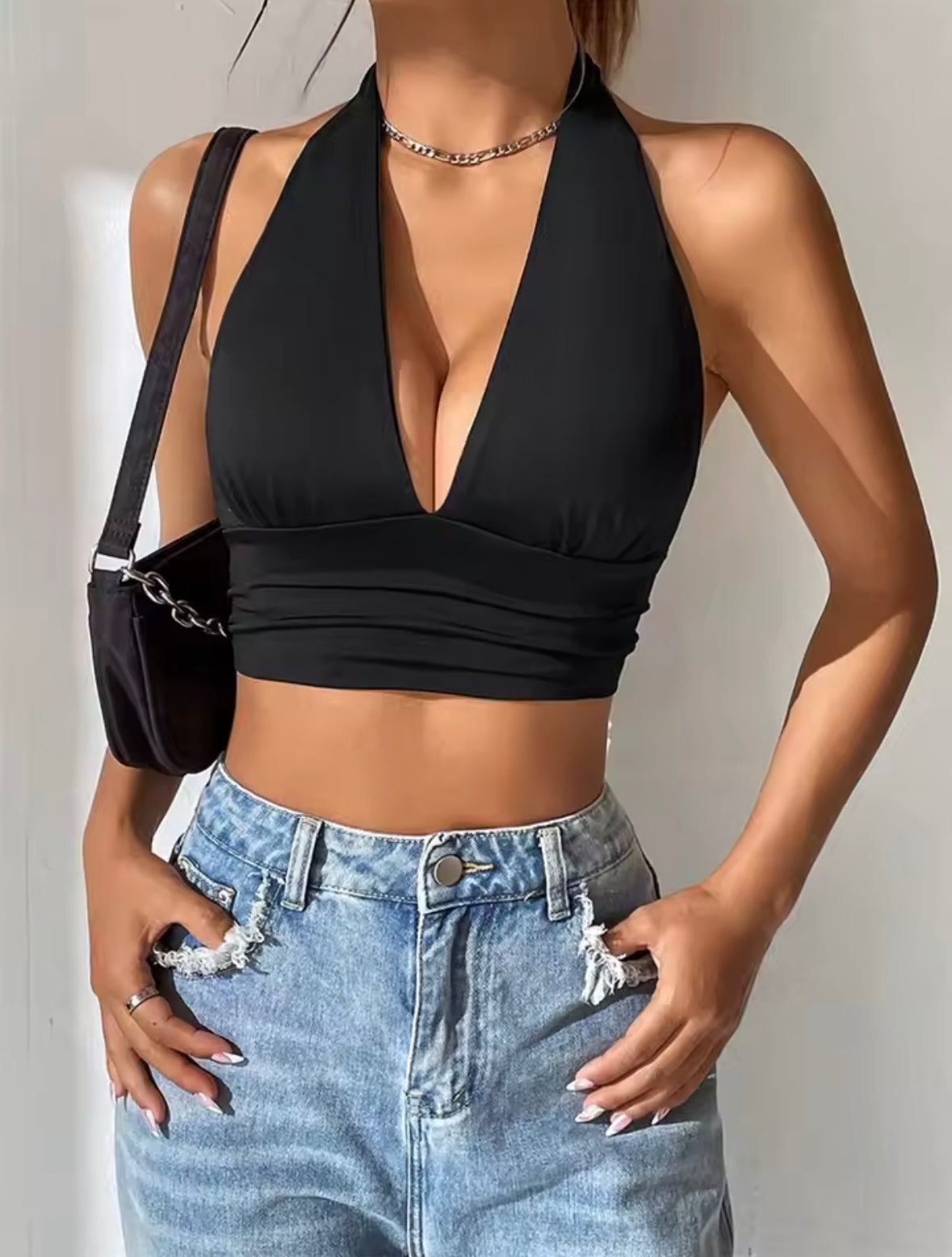 Sleeveless Backless Deep V-neck Halter Top