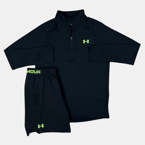 UNDER ARMOUR HALF ZIP / WOVEN SHORTS SET - BLACK / NEON