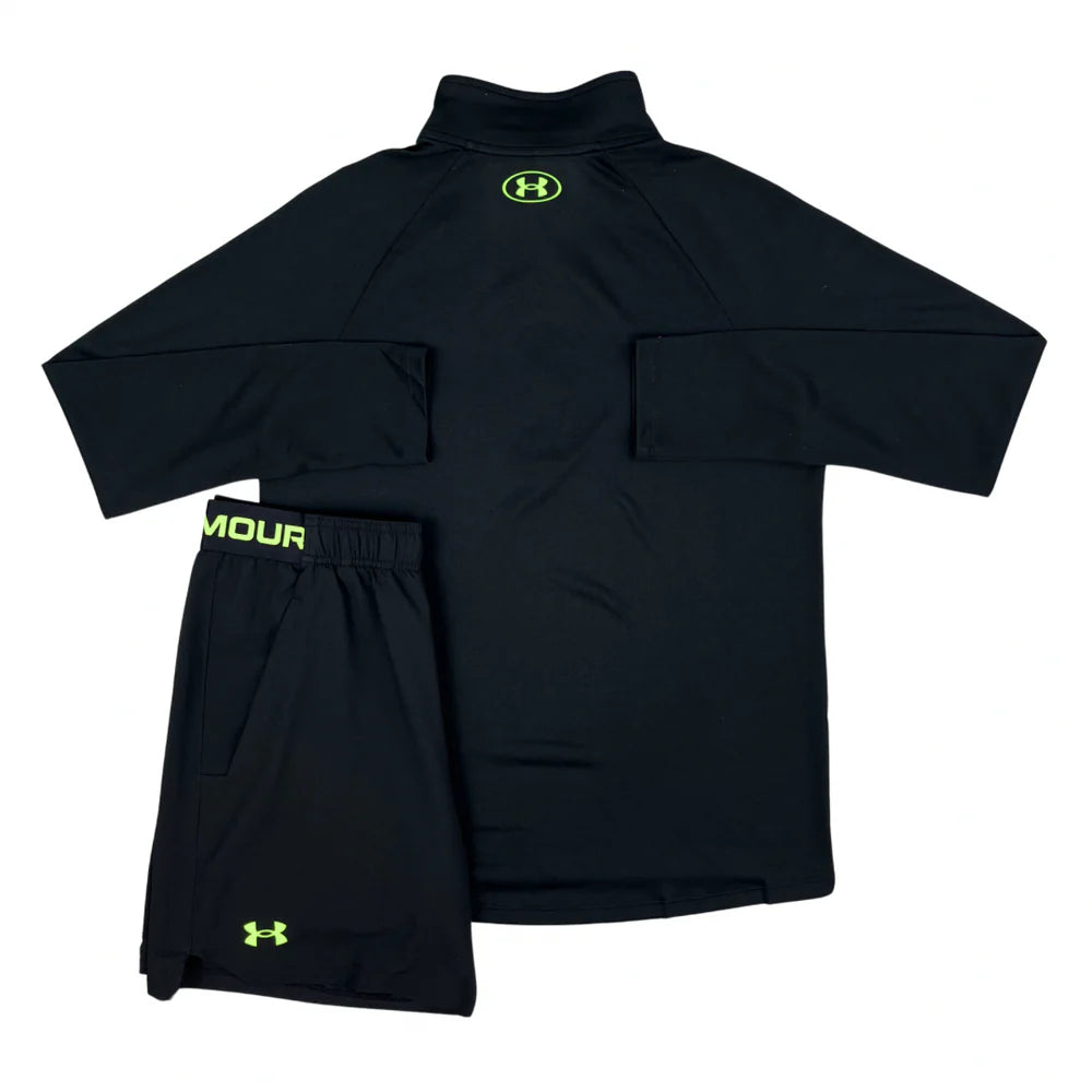 UNDER ARMOUR HALF ZIP / WOVEN SHORTS SET - BLACK / NEON