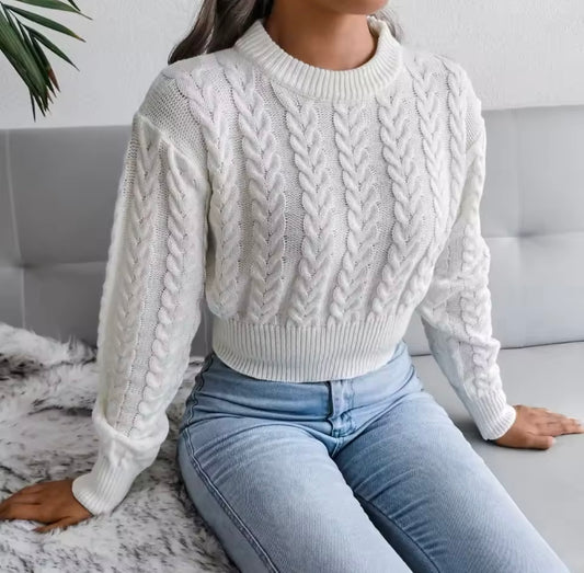 Cable Knit White Sweater Long Sleeve