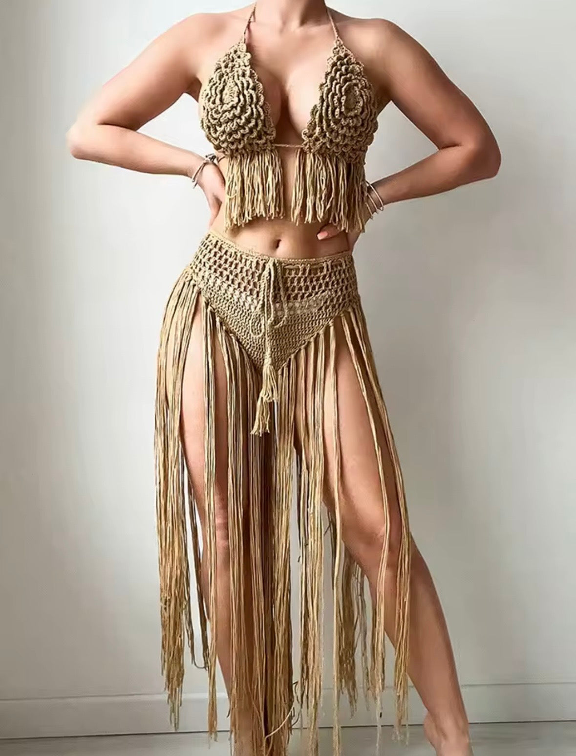 Floral Crochet Flower Long Tassel Bikini Set