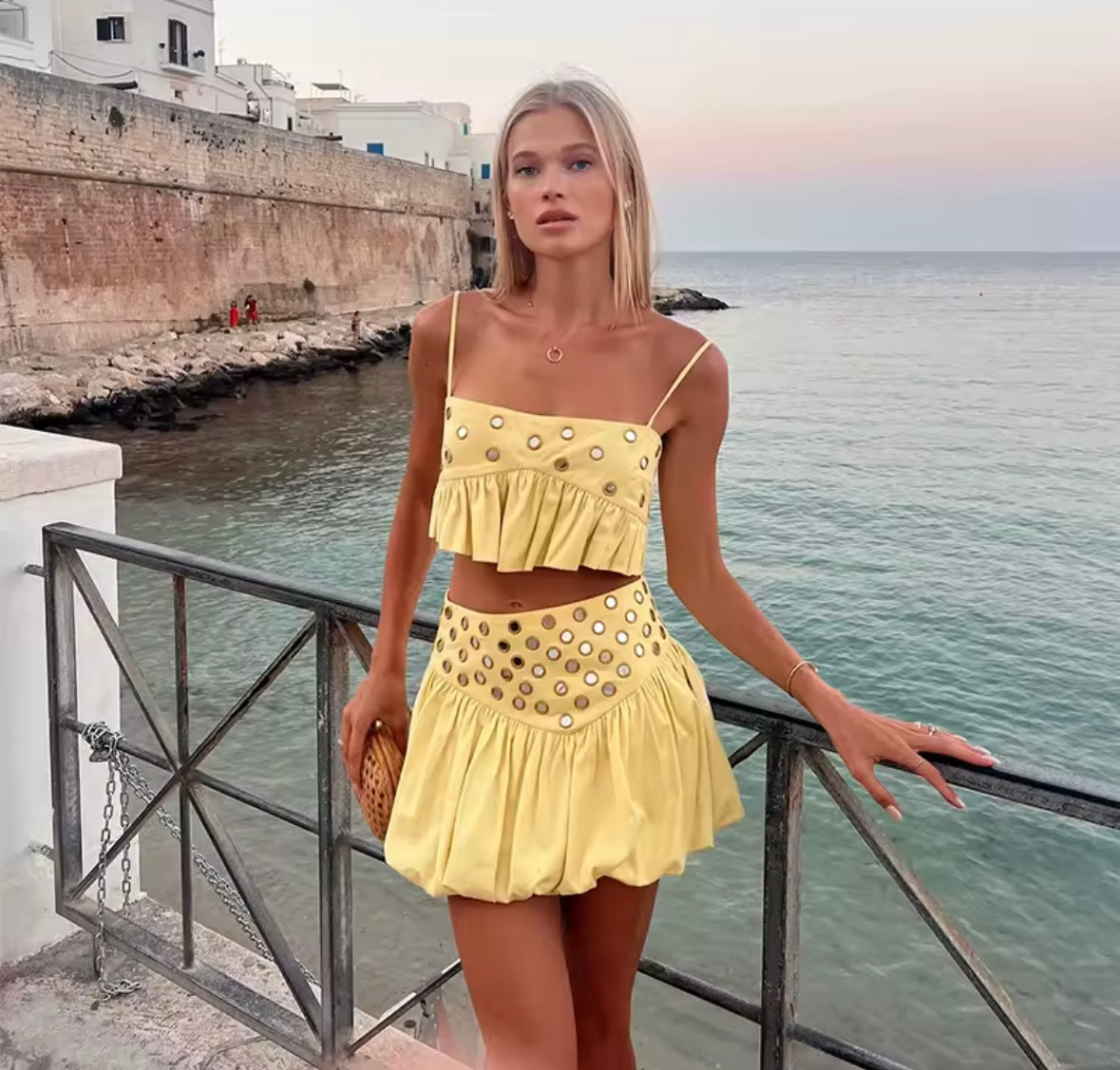 Hollow Out Crop Tank Pleated Skirt Set