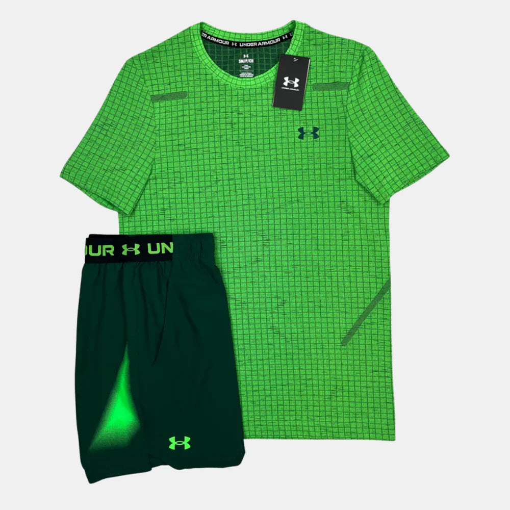 UNDER ARMOUR SEAMLESS GRID TSHIRT / SHORTS SET - GREEN