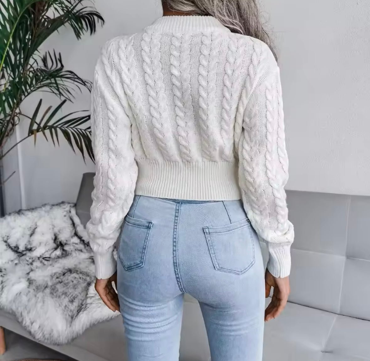 Cable Knit White Sweater Long Sleeve