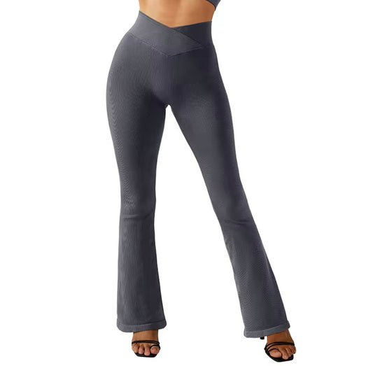 Women's Yoga Pants with Flared Legs Ribbed Crossover