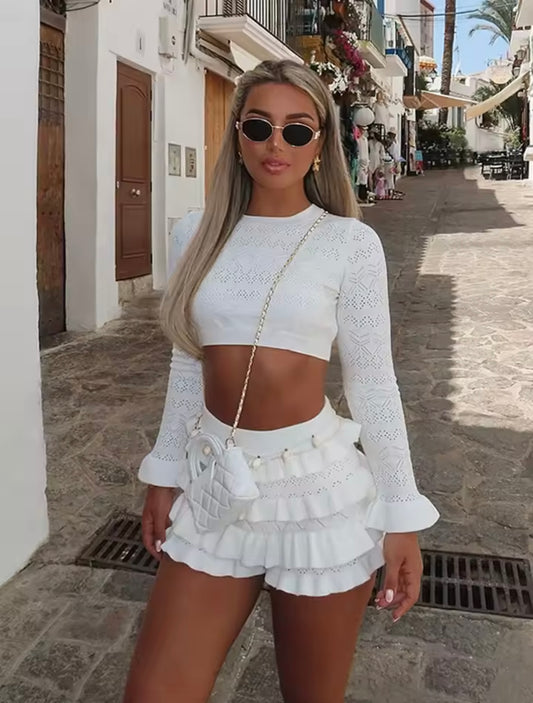 Chic Solid Knitted Set Women Ruffled