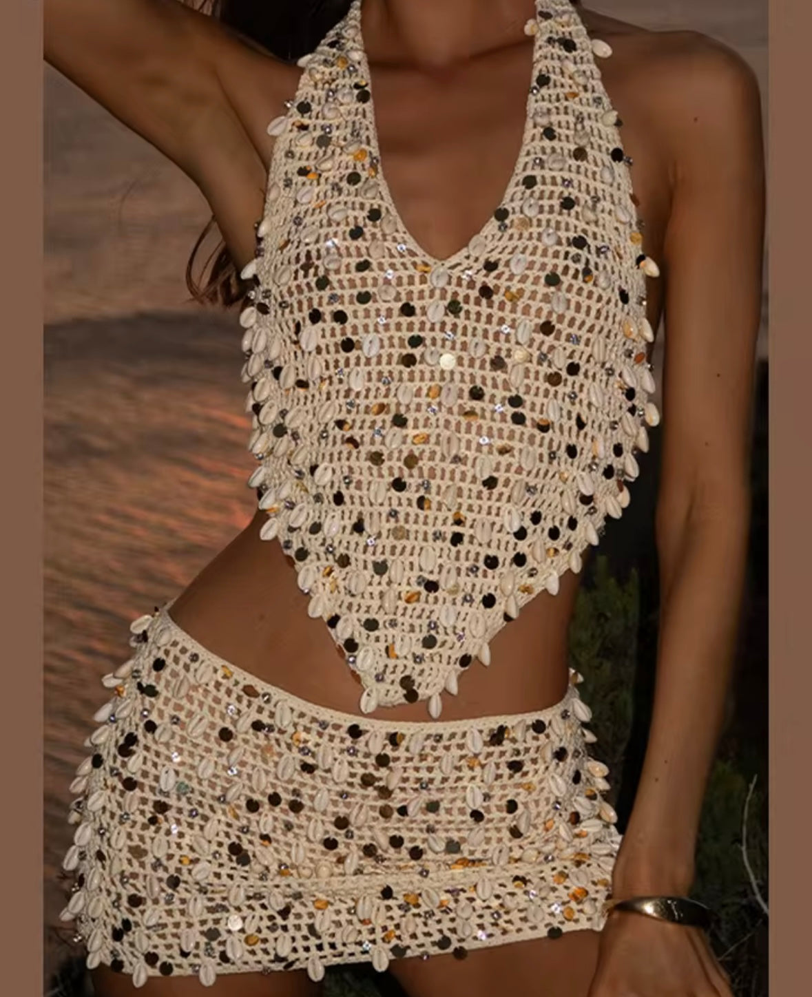 Hollow Sequined Shell Knitted Skirts Set Womens