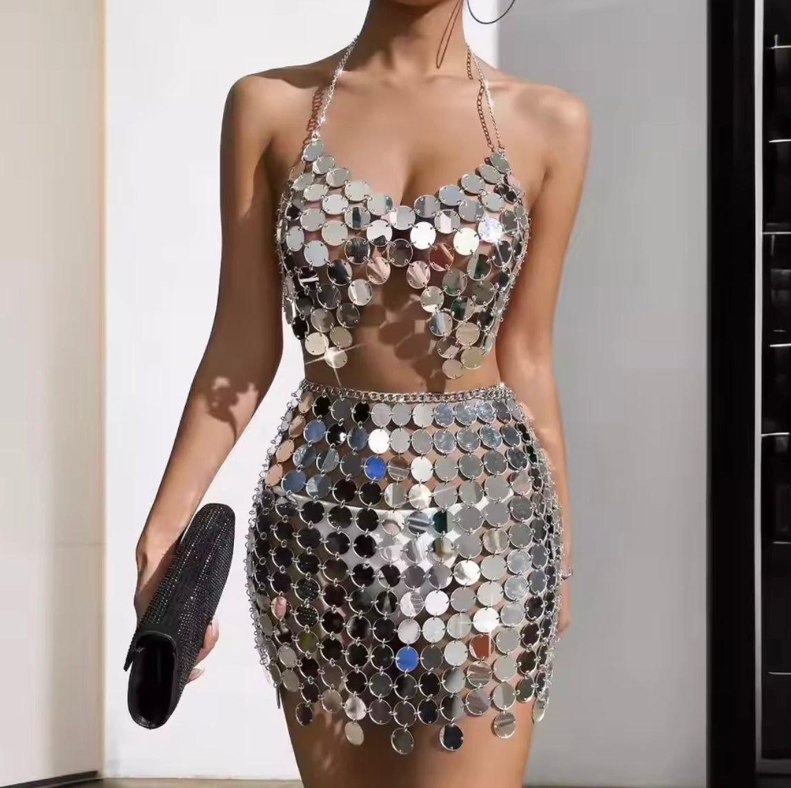 Mirror Glitter Open-Back Women's Suit